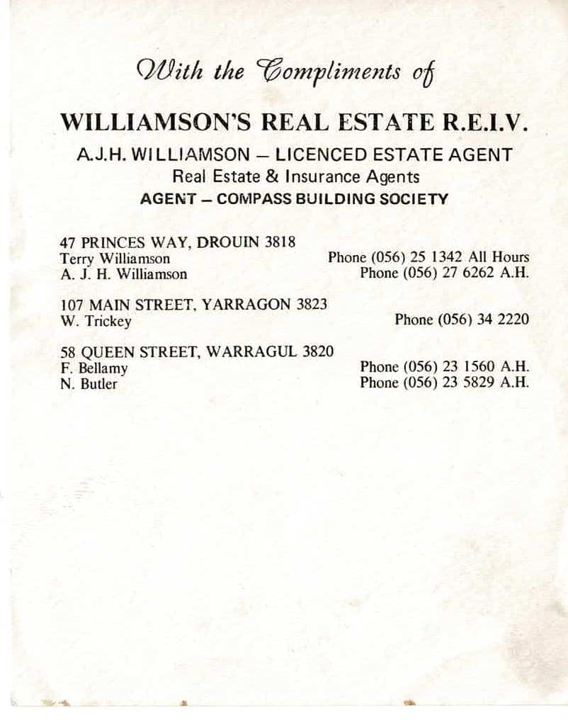 Williamson's Real Estate R.E.I.V. compliments card