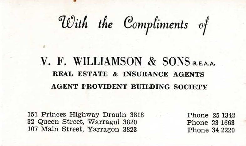 V. F. Williamson & Sons compliments card