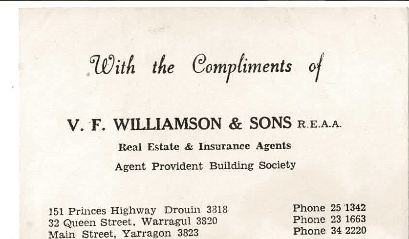 V. F. Williamson & Sons compliments card