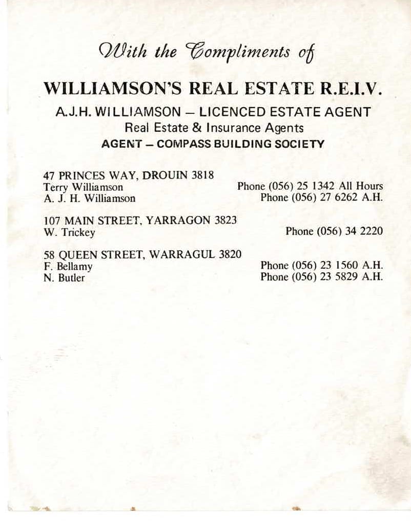 Williamson's Real Estate R.E.I.V. compliments card