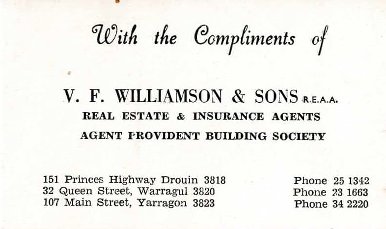 V. F. Williamson & Sons compliments card