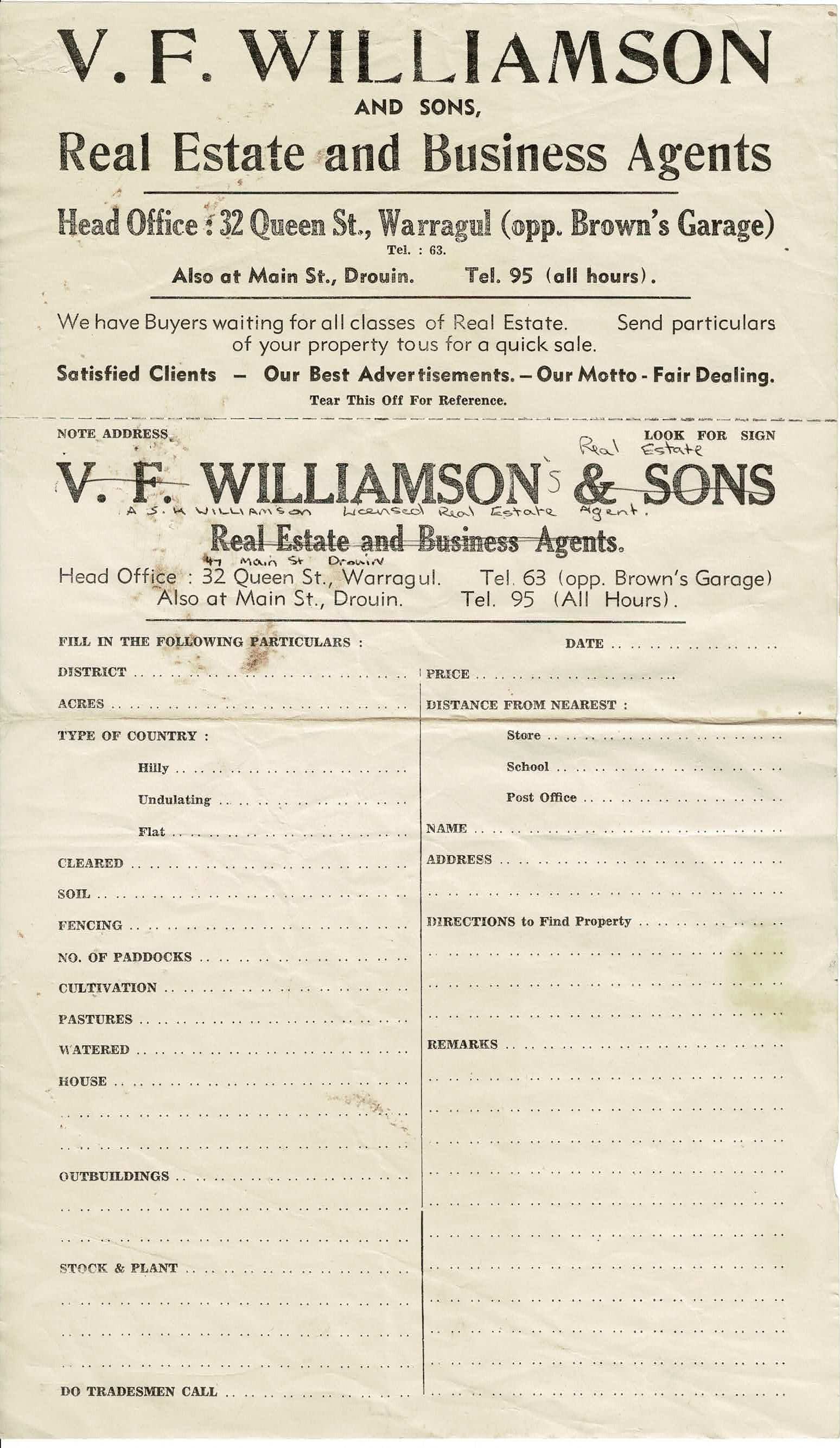 V. F. Williamson & Sons listing form